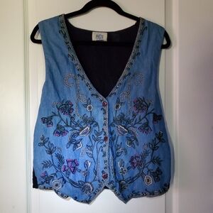 Pasta Vintage Floral Embroidered Denim Chambray Vest Waistcoat
